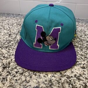 Vintage Disney Mickey Mouse Hat Cap Snap Back One Size Teal Purple Wool Mens